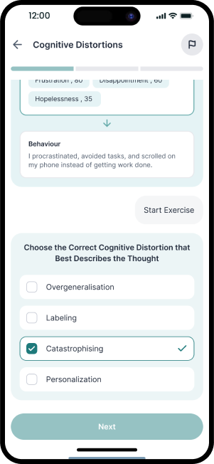 MindBay Cognitive Distortions exercise interface